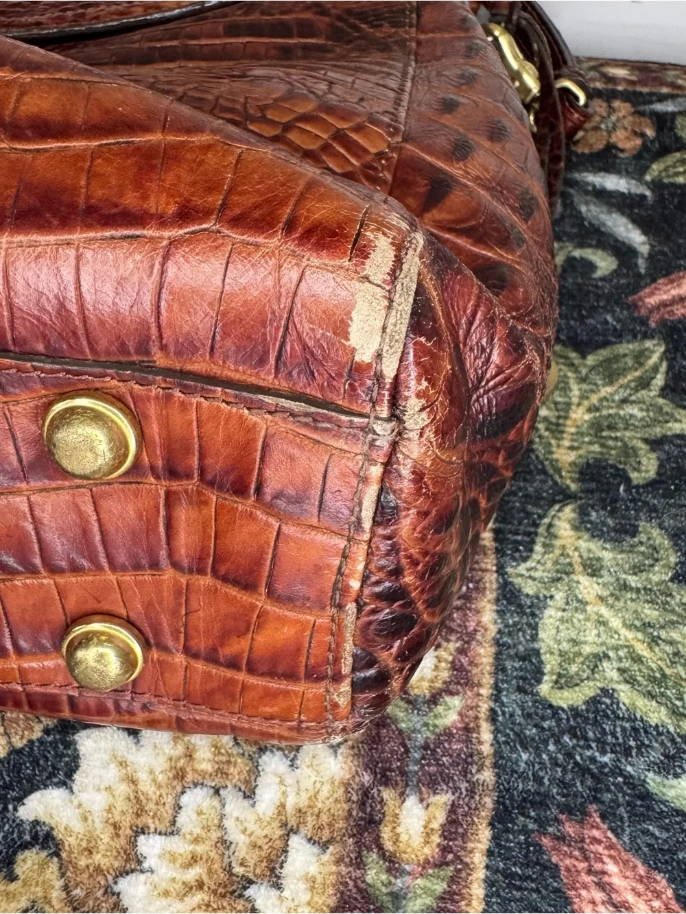 BRAHMIN | Cognac Croc-Embossed Leather Satchel with Gold Hardware